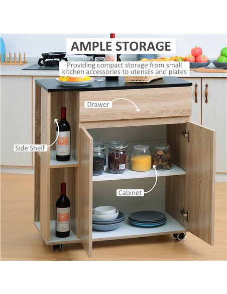 HOMCOM Kitchen Storage Trolley Cart Cupboard Rolling Island Shelves Cabinet With Door and Drawer Locking Wheels 801-078 - pic 43548 | FastDaddyshop