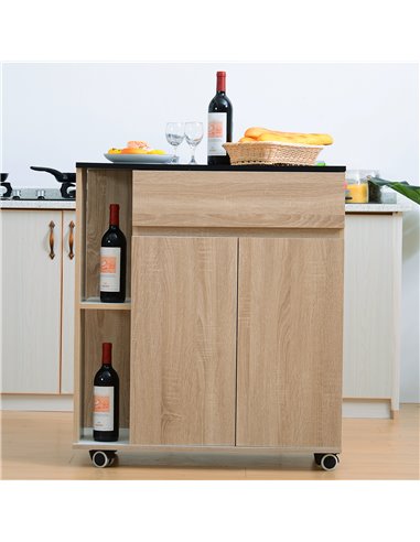 HOMCOM Kitchen Storage Trolley Cart Cupboard Rolling Island Shelves Cabinet With Door and Drawer Locking Wheels 801-078