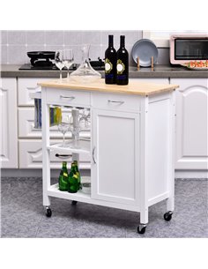 HOMCOM Kitchen Storage Trolley Cart Cupboard, White & Natural Wood 801-069 2