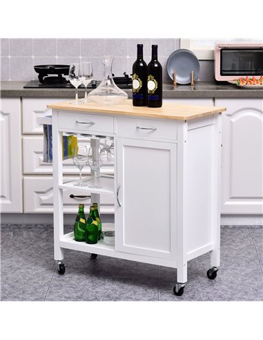 HOMCOM Kitchen Storage Trolley Cart Cupboard, White & Natural Wood 801-069