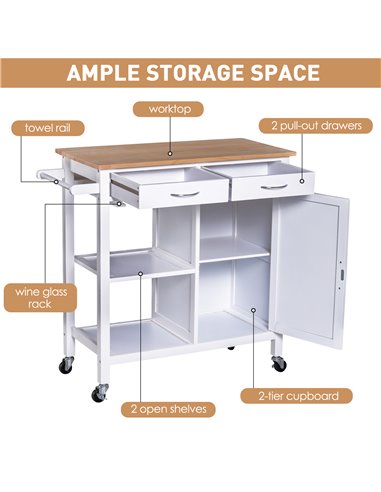 HOMCOM Kitchen Storage Trolley Cart Cupboard, White & Natural Wood 801-069