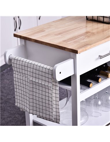 HOMCOM Kitchen Storage Trolley Cart Cupboard Rolling Wheels Shelves Cabinet Island W/ Drawers Towel Rail Wine Glass Rack Pine Wo