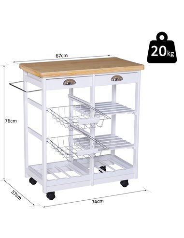 HOMCOM Rolling Kitchen Island Trolley Cart Drawer Shelves Basket Wheels W/  6 Bottle Wine Rack White 801-079WT