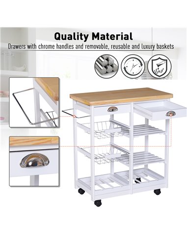 HOMCOM Rolling Kitchen Island Trolley Cart Drawer Shelves Basket Wheels W/  6 Bottle Wine Rack White 801-079WT
