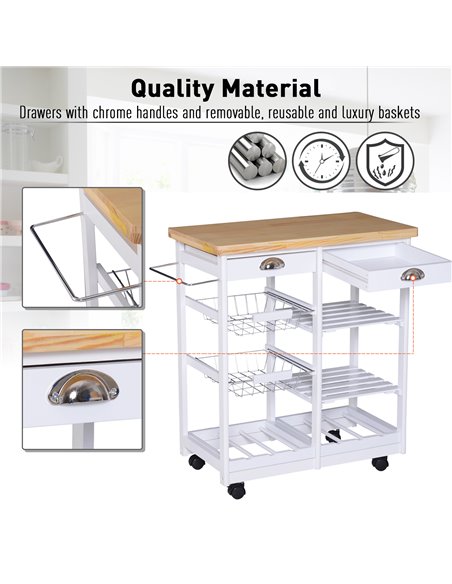 HOMCOM Rolling Kitchen Island Trolley Cart Drawer Shelves Basket Wheels W/  6 Bottle Wine Rack White 801-079WT - pic 43566 | FastDaddyshop