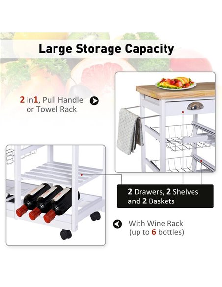 HOMCOM Rolling Kitchen Island Trolley Cart Drawer Shelves Basket Wheels W/  6 Bottle Wine Rack White 801-079WT - pic 43567 | FastDaddyshop