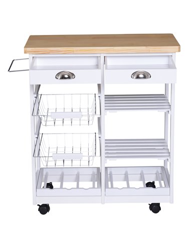 HOMCOM Rolling Kitchen Island Trolley Cart Drawer Shelves Basket Wheels W/  6 Bottle Wine Rack White 801-079WT