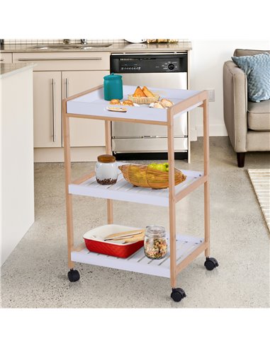 HOMCOM 3-Tier Mobile Kitchen Trolley Cart Storage, White & Natural Wood Colour 801-091