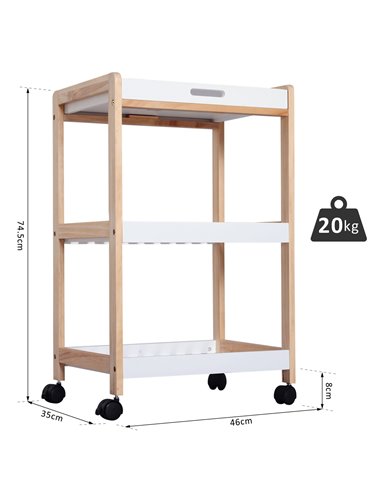 HOMCOM 3-Tier Mobile Kitchen Trolley Cart Storage, White & Natural Wood Colour 801-091