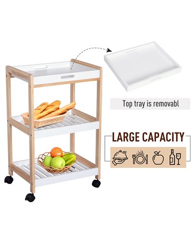 HOMCOM 3-Tier Mobile Kitchen Trolley Cart Storage, White & Natural Wood Colour 801-091