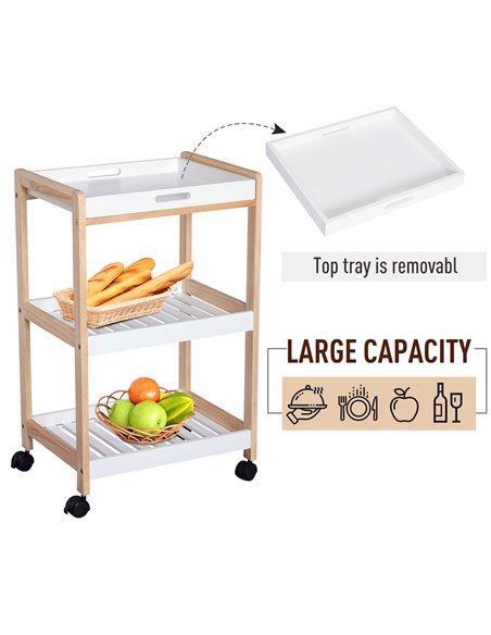 HOMCOM 3-Tier Mobile Kitchen Trolley Cart Storage, White & Natural Wood Colour 801-091 - pic 43575 | FastDaddyshop