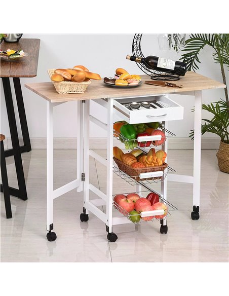 HOMCOM Drop-Leaf Kitchen Trolley with 3 Baskets Drawers, Oak & White 801-125 - pic 43581 | FastDaddyshop
