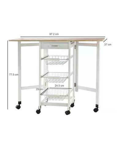 HOMCOM Drop-Leaf Kitchen Trolley with 3 Baskets Drawers, Oak & White 801-125
