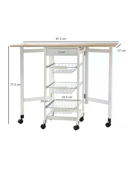 HOMCOM Drop-Leaf Kitchen Trolley with 3 Baskets Drawers, Oak & White 801-125 - pic 43583 | FastDaddyshop