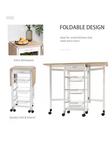HOMCOM Drop-Leaf Kitchen Trolley with 3 Baskets Drawers, Oak & White 801-125