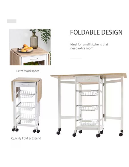 HOMCOM Drop-Leaf Kitchen Trolley with 3 Baskets Drawers, Oak & White 801-125 - pic 43584 | FastDaddyshop