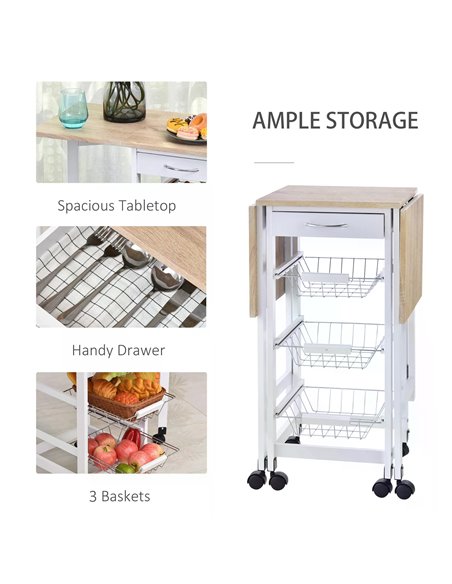 HOMCOM Drop-Leaf Kitchen Trolley w/ 3 Baskets Drawer Surface Top 6 Wheels Rolling Storage Unit Kitchen Home Dining Cart White Oa - pic 43586 | FastDaddyshop