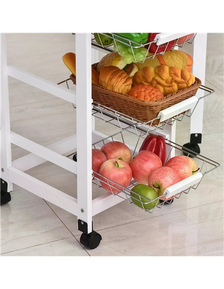 HOMCOM Drop-Leaf Kitchen Trolley w/ 3 Baskets Drawer Surface Top 6 Wheels Rolling Storage Unit Kitchen Home Dining Cart White Oa - pic 43588 | FastDaddyshop