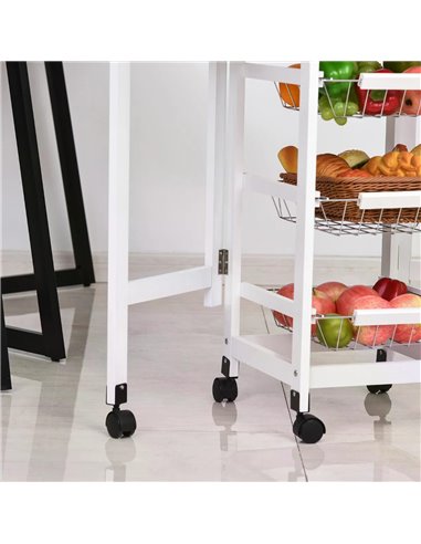 HOMCOM Drop-Leaf Kitchen Trolley w/ 3 Baskets Drawer Surface Top 6 Wheels Rolling Storage Unit Kitchen Home Dining Cart White Oa