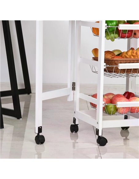 HOMCOM Drop-Leaf Kitchen Trolley w/ 3 Baskets Drawer Surface Top 6 Wheels Rolling Storage Unit Kitchen Home Dining Cart White Oa - pic 43589 | FastDaddyshop
