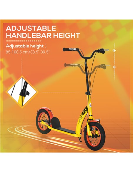 HOMCOM Kids Kick Scooter, w/ Adjustable Height, Front Rear Dual Brakes, 12 Inch Inflatable Rubber Wheels, for Ages 5+ Years - Ye - pic 4359 | FastDaddyshop