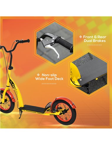 HOMCOM Kids Kick Scooter, w/ Adjustable Height, Front Rear Dual Brakes, 12 Inch Inflatable Rubber Wheels, for Ages 5+ Years - Ye