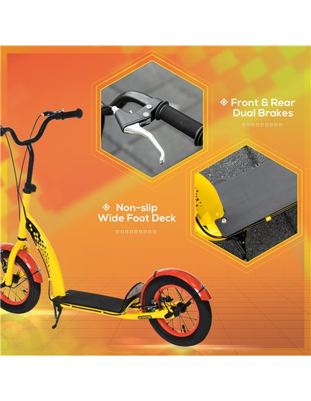 HOMCOM Kids Kick Scooter, w/ Adjustable Height, Front Rear Dual Brakes, 12 Inch Inflatable Rubber Wheels, for Ages 5+ Years - Ye - pic 4360 | FastDaddyshop