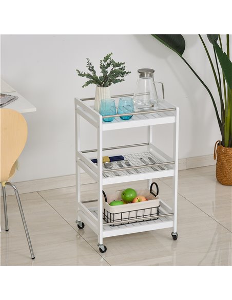 HOMCOM 3-Tier Home Trolley Kitchen Storage w/ Steel Bars 4 Wheels Rolling Unit Organiser Living Room White 801-123WT - pic 43600 | FastDaddyshop