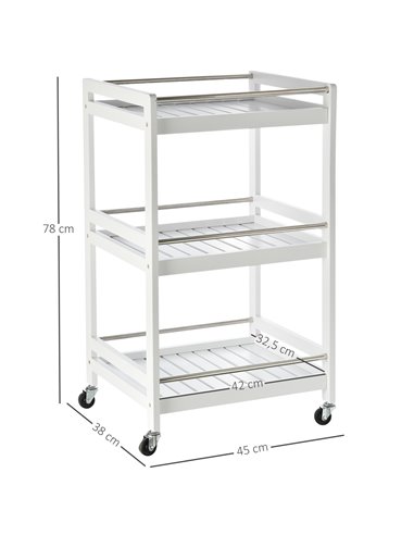 HOMCOM 3-Tier Home Trolley Kitchen Storage w/ Steel Bars 4 Wheels Rolling Unit Organiser Living Room White 801-123WT