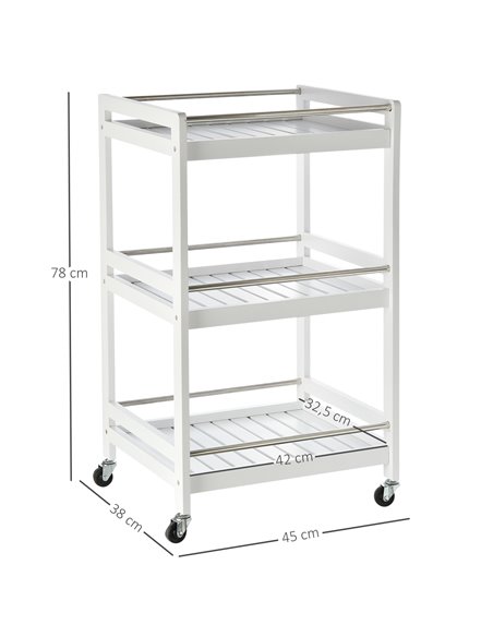 HOMCOM 3-Tier Home Trolley Kitchen Storage w/ Steel Bars 4 Wheels Rolling Unit Organiser Living Room White 801-123WT - pic 43601 | FastDaddyshop