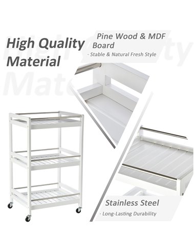HOMCOM 3-Tier Home Trolley Kitchen Storage w/ Steel Bars 4 Wheels Rolling Unit Organiser Living Room White 801-123WT