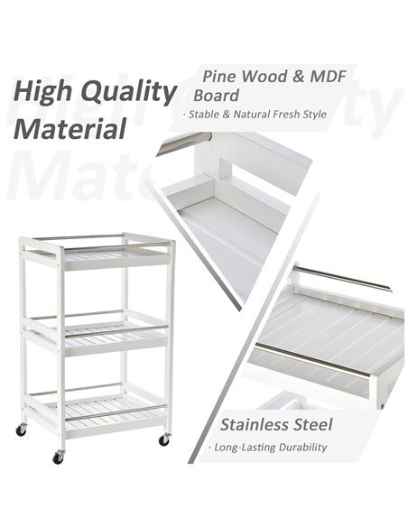 HOMCOM 3-Tier Home Trolley Kitchen Storage w/ Steel Bars 4 Wheels Rolling Unit Organiser Living Room White 801-123WT - pic 43602 | FastDaddyshop