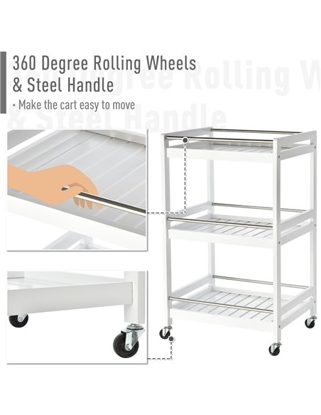 HOMCOM 3-Tier Home Trolley Kitchen Storage w/ Steel Bars 4 Wheels Rolling Unit Organiser Living Room White 801-123WT - pic 43603 | FastDaddyshop