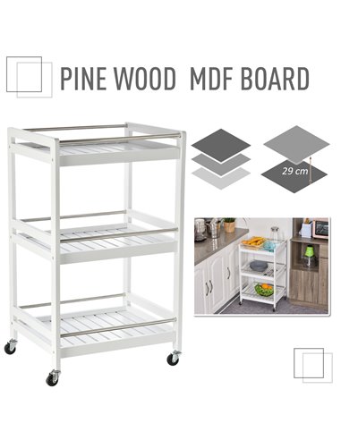HOMCOM 3-Tier Home Trolley Kitchen Storage w/ Steel Bars 4 Wheels Rolling Unit Organiser Living Room White 801-123WT
