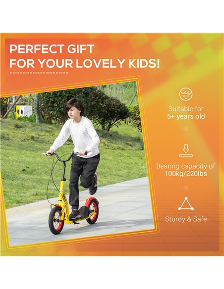 HOMCOM Kids Kick Scooter, w/ Adjustable Height, Front Rear Dual Brakes, 12 Inch Inflatable Rubber Wheels, for Ages 5+ Years - Ye - pic 4361 | FastDaddyshop