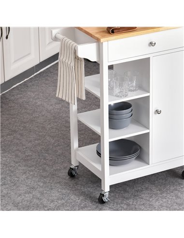 HOMCOM Kitchen Storage Trolley Unit w/ Wood Top 3 Shelves Cupboard Drawer Rail 4 Wheels Handles Moving Shelf Handy Spacesaver Wh