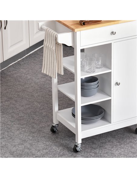 HOMCOM Kitchen Storage Trolley Unit w/ Wood Top 3 Shelves Cupboard Drawer Rail 4 Wheels Handles Moving Shelf Handy Spacesaver Wh - pic 43614 | FastDaddyshop