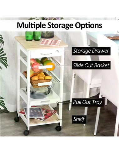 HOMCOM Mobile Rolling Kitchen Island Trolley for Living room, Serving Cart with Drawer & Basket, White 801-152V01