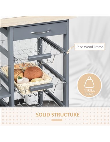 HOMCOM Kitchen Trolley, Multi-Use Kitchen Island w/ 4 Baskets 2 Side Racks 4 Wheels Food Storage Smooth Rolling Compact Furnitur