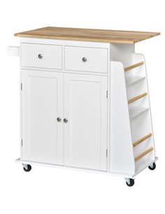 HOMCOM Kitchen Island Storage Cabinet Rolling Trolley, White & Nature Wood 801-163