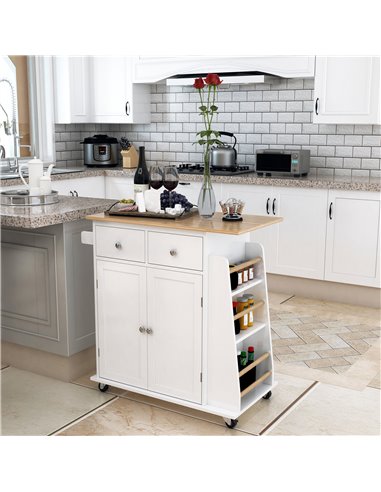 HOMCOM Kitchen Island Storage Cabinet Rolling Trolley, White & Nature Wood 801-163