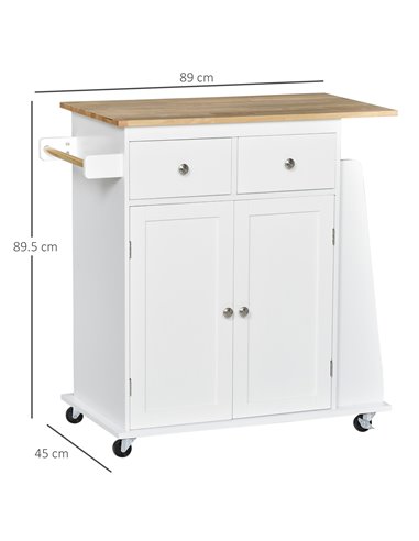 HOMCOM Kitchen Island Storage Cabinet Rolling Trolley, White & Nature Wood 801-163