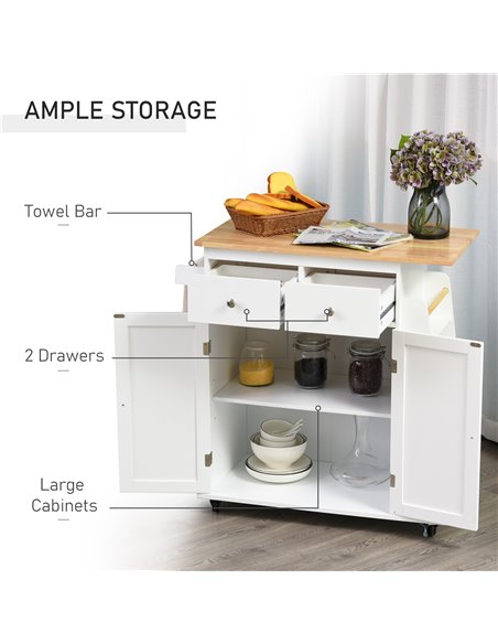 HOMCOM Kitchen Island Storage Cabinet Rolling Trolley with Rubber Wood Top, 3-Tier Spice Rack, Large Cabinet & Drawers 801-163 - pic 43639 | FastDaddyshop