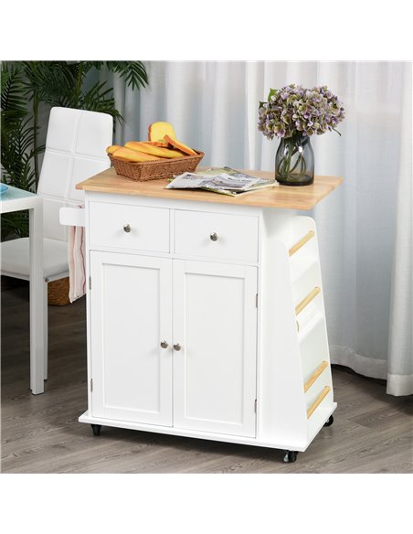 HOMCOM Kitchen Island Storage Cabinet Rolling Trolley with Rubber Wood Top, 3-Tier Spice Rack, Large Cabinet & Drawers 801-163 - pic 43643 | FastDaddyshop