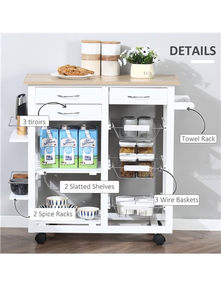 HOMCOM Rolling Kitchen Island on Wheels, White 801-158 - pic 43647 | FastDaddyshop