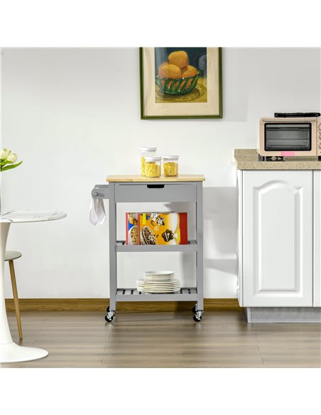 HOMCOM Kitchen Trolley Utility Cart on Wheels with Rubberwood Worktop, Towel Rack, Storage Shelves & Drawer for Dining Room, Gre - pic 43659 | FastDaddyshop