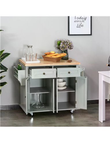 HOMCOM Rolling Kitchen Island Storage Trolley with Rubber Wood Top & Drawers for Dining Room, Grey 801-161GY