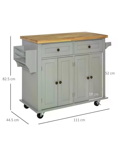 HOMCOM Rolling Kitchen Island Storage Trolley with Rubber Wood Top & Drawers for Dining Room, Grey 801-161GY