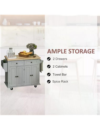 HOMCOM Rolling Kitchen Island Storage Trolley with Rubber Wood Top & Drawers for Dining Room, Grey 801-161GY
