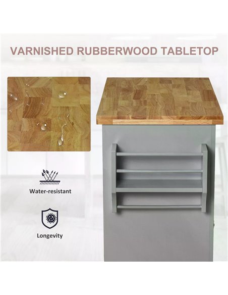HOMCOM Rolling Kitchen Island Storage Trolley with Rubber Wood Top & Drawers for Dining Room, Grey 801-161GY - pic 43666 | FastDaddyshop